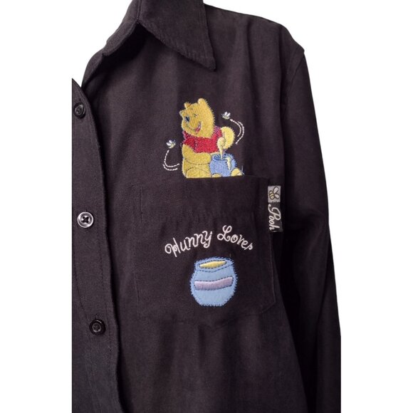 Winnie The Pooh Disney Embroidered Shirt Size M Black Button Up Kidcore Bear - Picture 2 of 8